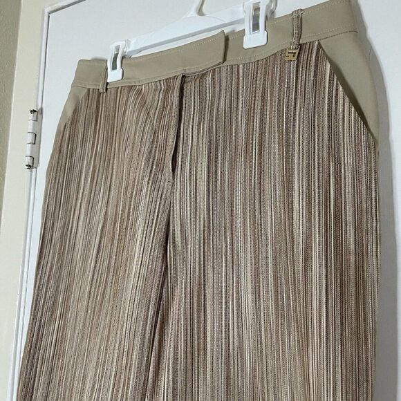 ST. JOHN sport Tan stripe Cropped split leg hem casual pants US 10 - Picture 2 of 9